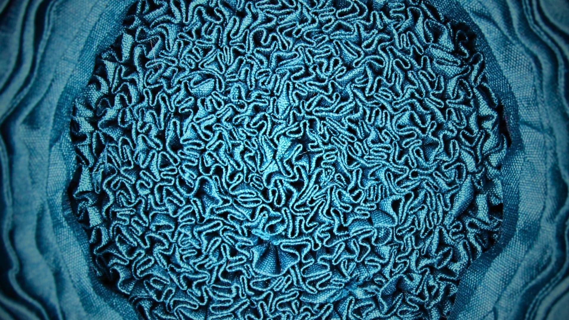 A close up of an intricate blue textile pattern with swirling textures.