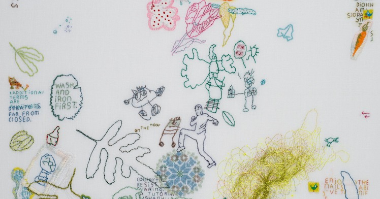 FCTC Tilleke Schwarz Featured Imag|Portrait|Tilleke Schwarz at work|Tilleke Schwarz Rites|Tilleke Schwarz equipment|Detail of flowers (the one on the left has a bit of appliqué) cloth with red dots on white|Fisk