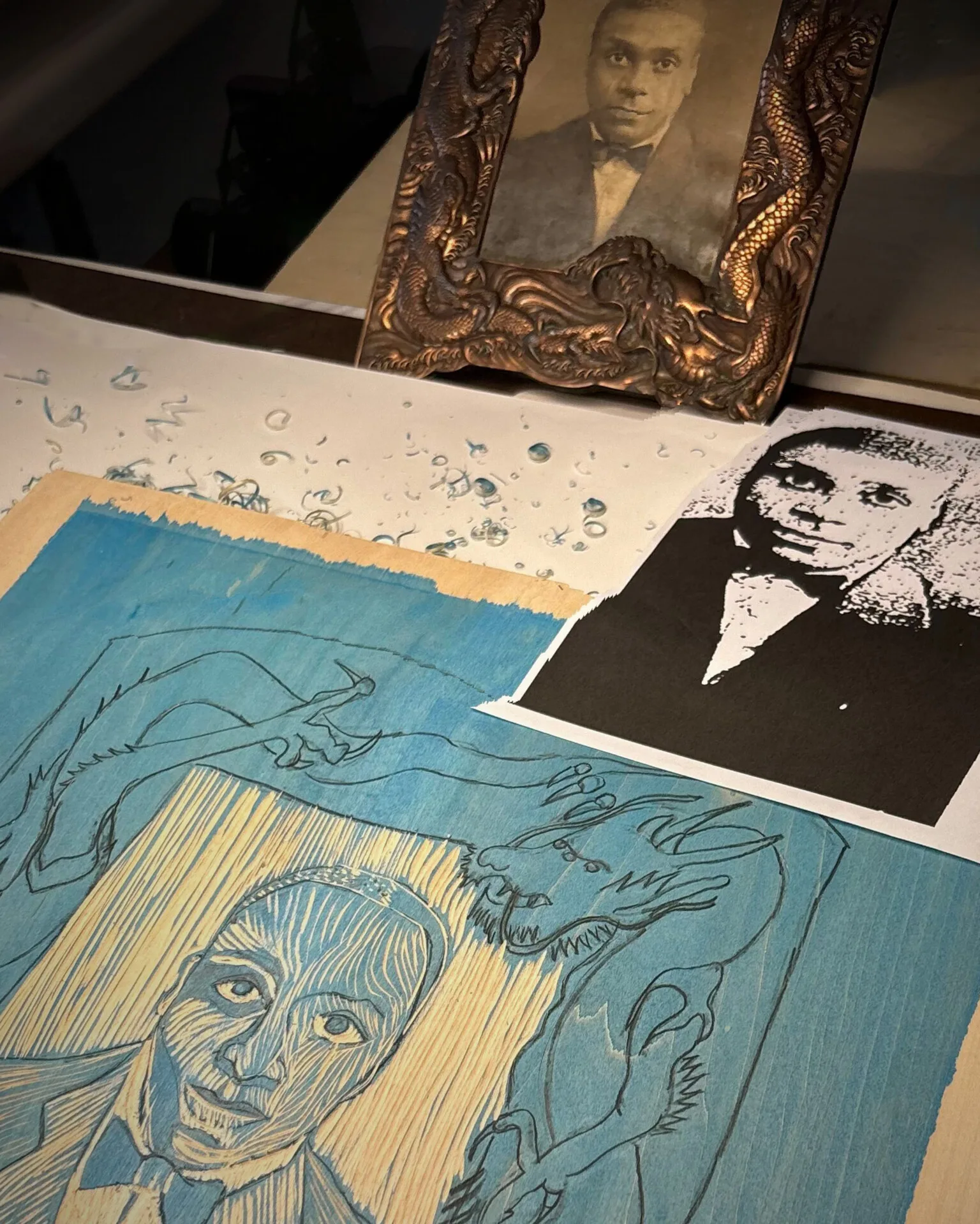 Lauren Austin, Mr Turner's Dragons, 2024. 47cm x 39cm (18½" x 15½"). Woodcut carving. Basswood over plywood for printmaking.